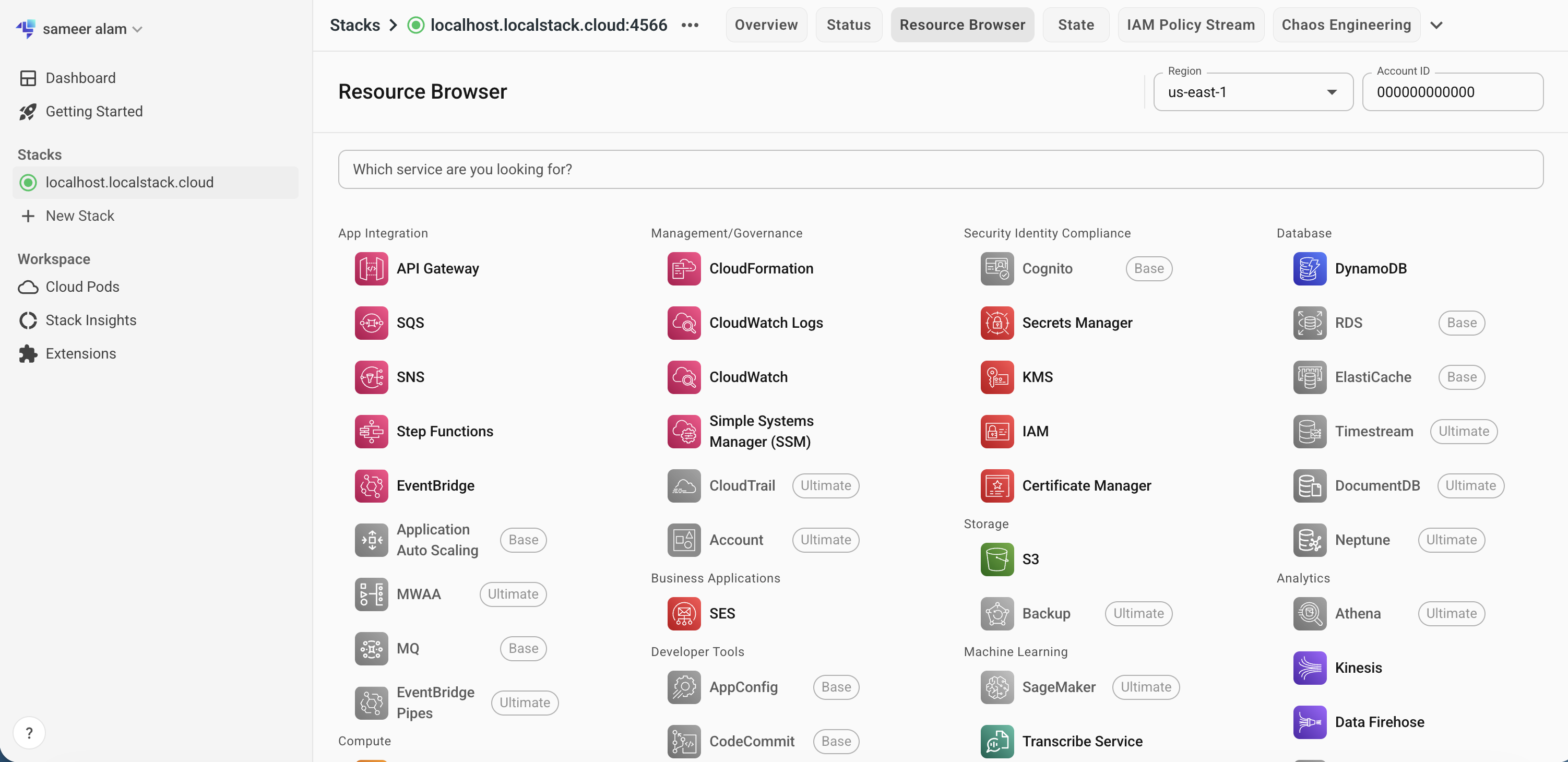 LocalStack resources view